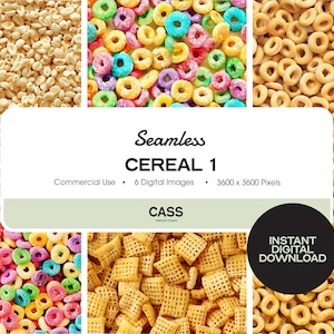 May include: Six seamless digital images of different types of breakfast cereal. The images are 3600 x 3600 pixels and are for commercial use. The text "Seamless Cereal 1" and "CASS" are visible in the image.