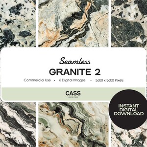 May include: A collection of six seamless granite textures in various colors, including black, white, gray, and beige. The image includes the text "Seamless GRANITE 2" and "Instant Digital Download."
