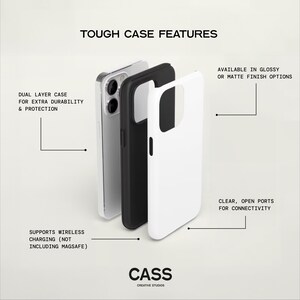 May include: A white phone case with a black inner layer. The case is designed to protect the phone from damage and supports wireless charging. The case is available in glossy or matte finishes. The text "TOUGH CASE FEATURES" is at the top of the image. The text "CASS CREATIVE STUDIOS" is at the bottom of the image.