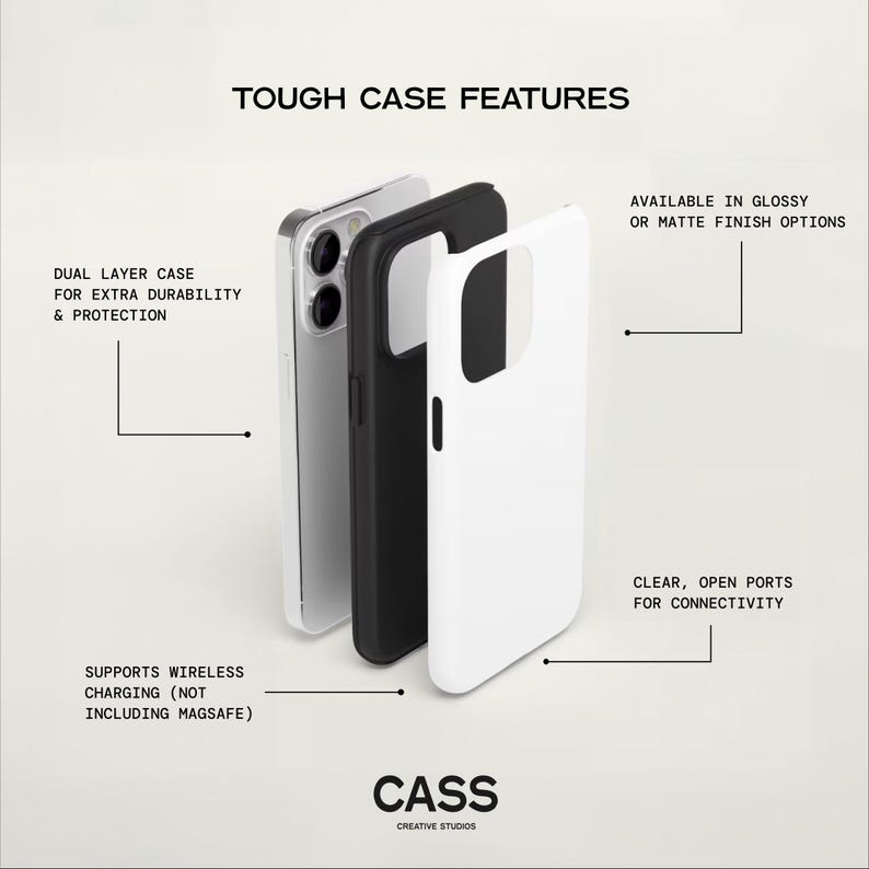May include: A white phone case with a black inner layer. The case is designed to protect the phone from damage and supports wireless charging. The case is available in glossy or matte finishes. The text "TOUGH CASE FEATURES" is at the top of the image. The text "CASS CREATIVE STUDIOS" is at the bottom of the image.
