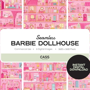 May include: A digital illustration of a pink Barbie dollhouse with multiple rooms and furniture. The dollhouse is seamless and can be used for commercial purposes. The image is 3600 x 3600 pixels.