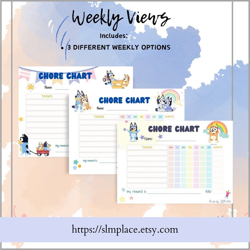 Printable bluey chore reward chart includes 3 different options