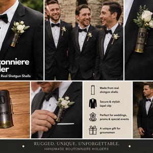 May include: A boutonniere holder crafted from a repurposed shotgun shell, featuring a metallic base and a clip for attachment to a lapel. The cylindrical shell is dark gray with black text and holds a small arrangement of white roses and greenery.