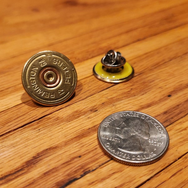 4     12 guage  Shotgun Shell Pins  - Vest pins - Hat pins - Lapel Pins - Tie Tack. Perfect for any one that enjoys the outdoors.