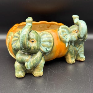 Vintage Elephant Planter Pumpkin Shape -1950s Footed Majolica Planter, Lucky Elephants with their Trunks up. Mid Century Majolica Decor.