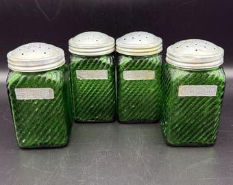 Vintage Owens Illinois Green Glass Salt Pepper Shakers Pair, Depression Era Kitchen Decor