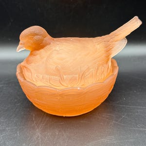May include: A peach-colored glass bird figurine in a nest-shaped bowl. The bird has detailed feather etching and is perched in a nest with a textured, woven appearance. The bowl is also peach-colored and has a detailed, textured design.