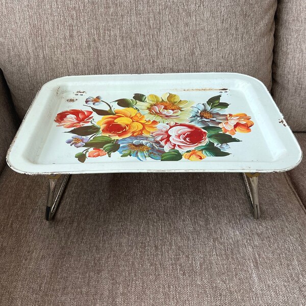Vintage Mid Century Modern Shabby Chic 1960s Metal Lap TV Tray with Floral Roses, Folding Legs, for Reading, Picnics, or Breakfast in bed.