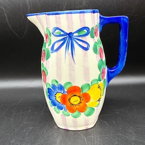 Vintage Bern West Germany Pottery Floral Pitcher 3/4 L Folk Art Ceramic Jug Hand Painted Colorful Flower Vase Farmhouse Kitchen Decor