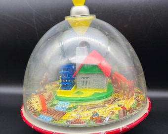 Spinning Lumberjack Toy Under Dome - Vintage Wind Up Logging Scene