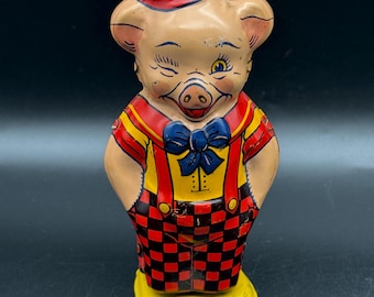 Wind-Up Tin Pig by J. Chein - Works - Vintage Pig Checkered Pants and Bow Tie