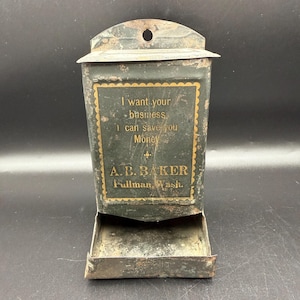 Antique Tin Match Holder with A.B. Baker Advertising from Pullman, Washington. Collectible