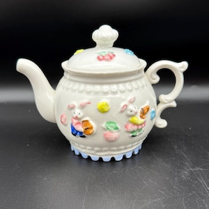 Vintage Bunny Rabbit Teapot - Ceramic, Pastel Hand-Painted spring Teapot