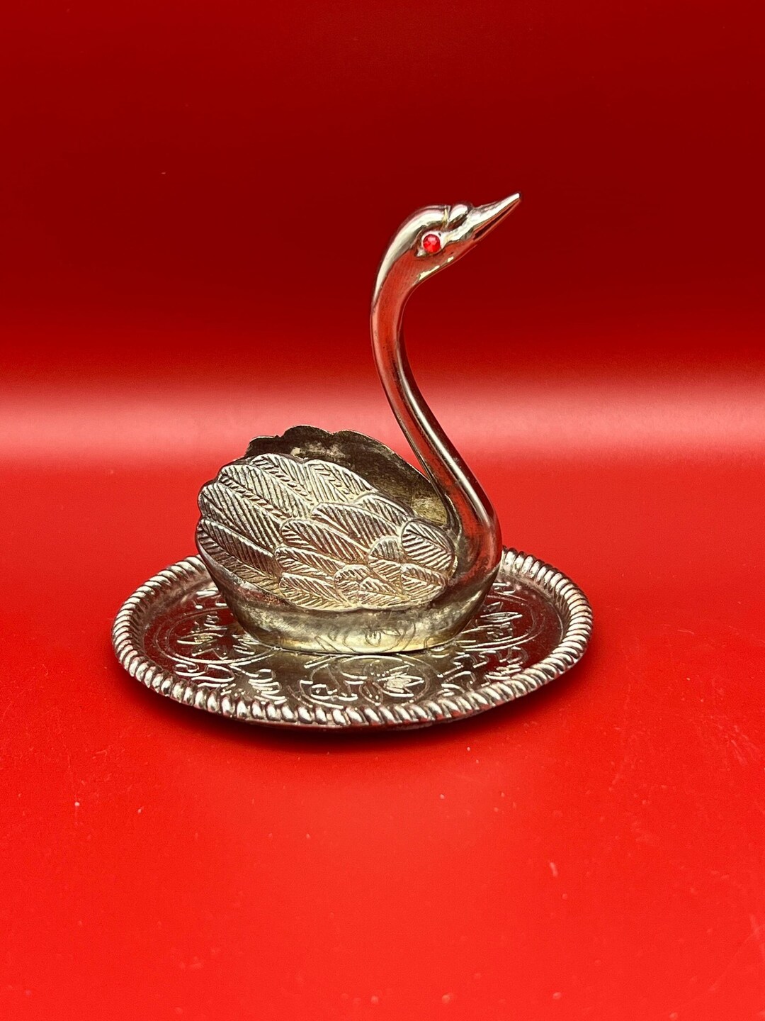Vintage Zinc Alloy Silver Plated Collectable Swan Ring Trinket Holder