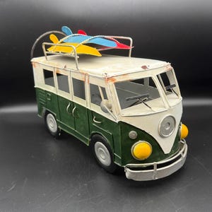 Retro VW Bus Metal Decor with Surfboards - Vintage Style Camper Van Sculpture - Hippie Bus