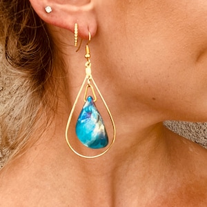 Hand Crafted Abalone Seashell Yellow Gold Color Dangle Earrings