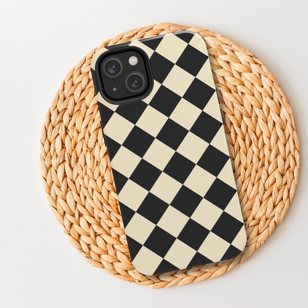 Diamond Checkered Black & Beige iPhone Case, Tough Phone Cases iPhone 15 14 13 Pro Max Case, iPhone 15 14 Plus Case, iPhone 13 Mini