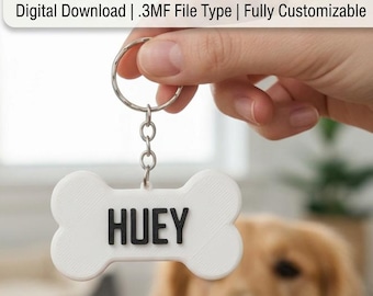 May include: A white bone-shaped pet tag with the black text HUEY, attached to a silver metal keyring. The tag includes the text CUSTOM PET TAG - 3D PRINT FILE, Digital Download | .3MF File Type | Fully Customizable.