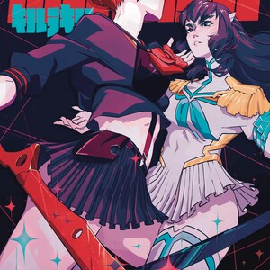 May include: Anime-style illustration featuring two female characters. One with red hair and a dark uniform, the other with long dark hair and a white and gold uniform. The word "KILL" is visible in red, with Japanese characters above.