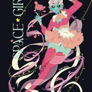 May include: Illustration of a space girl in a pink and peach outfit with a white apron, holding a pink flower. The text "SPACE GIRL" is vertically aligned on the left side. The background is dark blue with stars and ribbons.