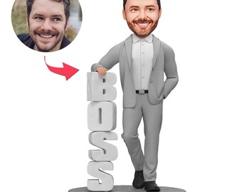 Personalized Boss Bobblehead – Custom Businessman in Gray Suit with Engraved Base
