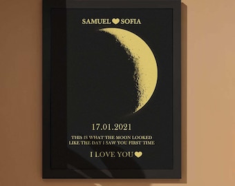 Personalized Moon Phase Wooden Frame - Customizable with Names, Dates, and Text.