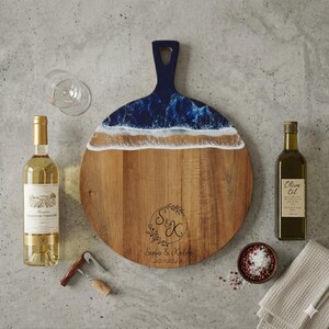 Housewarming Gift Charcuterie Board, Epoxy Resin Ocean Board, Acacia Wood Cheese Serving Plate