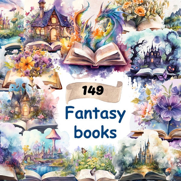 149 PNG Watercolor Open Book Clipart Bundle, Fantasy books Clip Art Book Bundle Magic Books Fairytale Castle Dragon Enchanted Forest Flowers