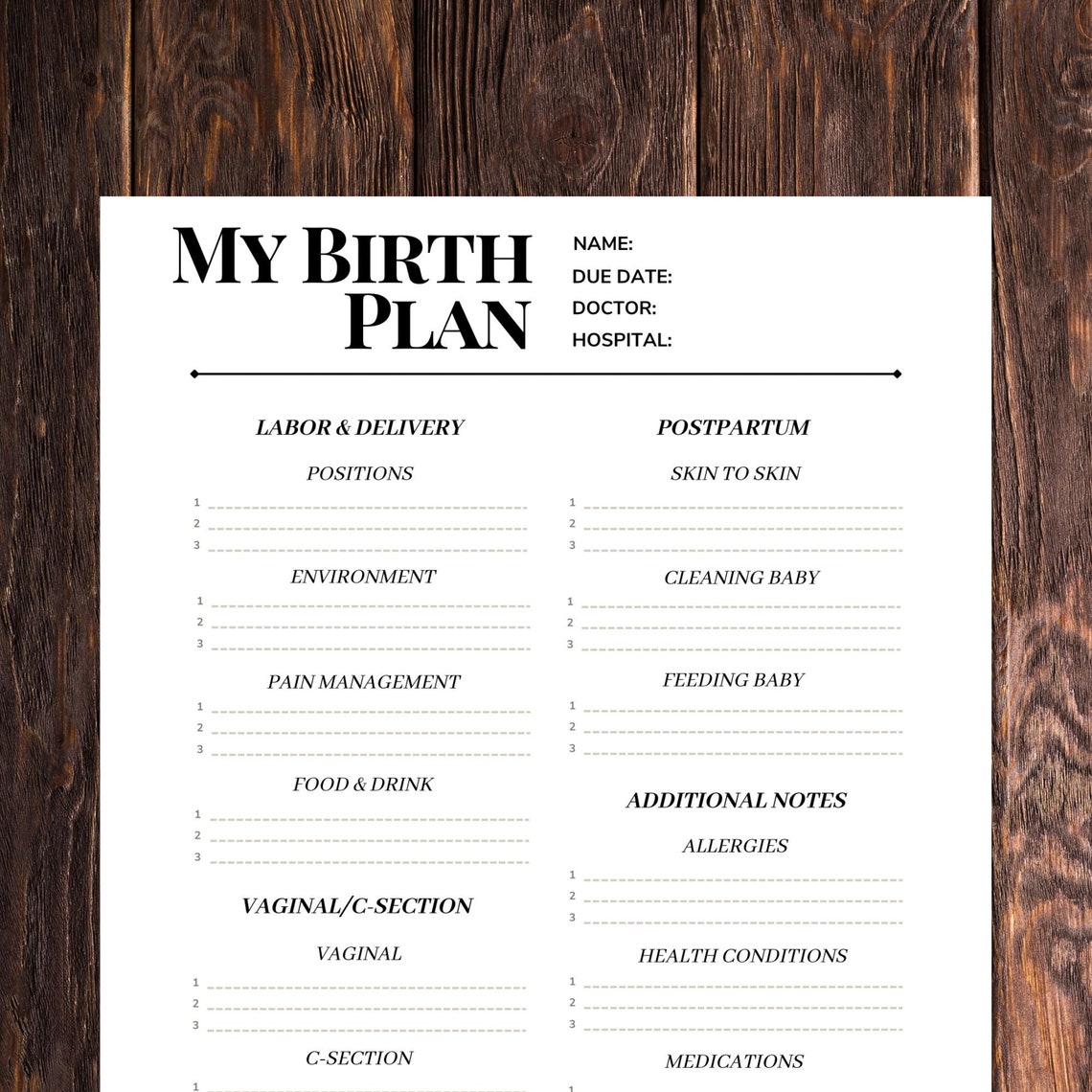 Birth Plan Template | Printable Birthing Plan | Labor & Delivery ...