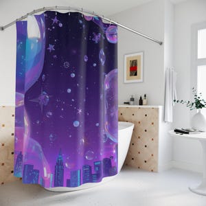May include: A purple shower curtain featuring a cityscape silhouette at the bottom, with large bubbles and stars floating against a dark purple background. The curtain is hanging in a bathroom with a white tub and a small table.