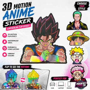 May include: A 3D motion anime sticker featuring a lenticular flip effect. The central design shows a character with spiky dark hair and green earrings. Additional smaller character stickers are displayed on the right, and a flip demonstration is shown at the bottom with text including 3D MOTION ANIME STICKER, LENTICULAR FLIP EFFECT, and FLIP TO SEE THE MOTION.