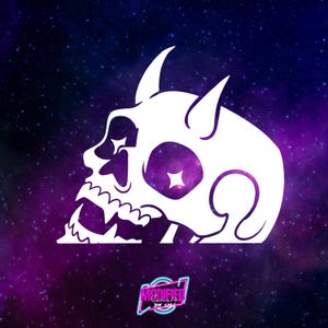 May include: White skull graphic with horns and star-shaped eyes, set against a purple and blue galaxy background. The skull has a jagged jawline and a stylized design. The image includes the text "MODIFIED 74" in a neon-style logo.
