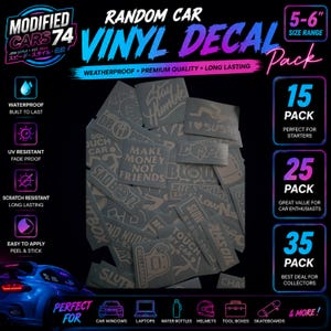 May include: A collection of dark grey vinyl decals featuring various text and graphic designs, including phrases like Make Money Not Friends and Touch My Car. The pack includes 15, 25, or 35 pieces, each measuring 5-6 inches, designed for application.