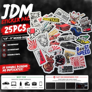 May include: A collection of 25 JDM themed vinyl stickers in mixed sizes from 1.5 to 3 inches. The pack features various designs including Japanese text, cars, a cat, a turbocharger, and gauges. The stickers are waterproof and UV resistant.