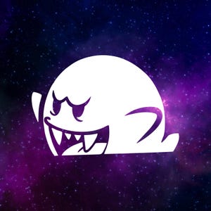 Puede incluir: Personaje de fantasma de dibujos animados blanco con una expresión amenazante, dientes afilados y una cola curva, sobre un vibrante fondo de galaxia púrpura y azul.