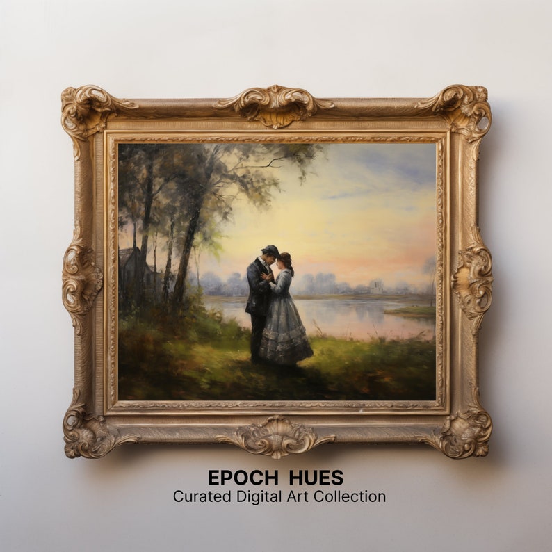Romantic Victorian Couple Digital Art, Vintage Sunset Lake Landscape ...