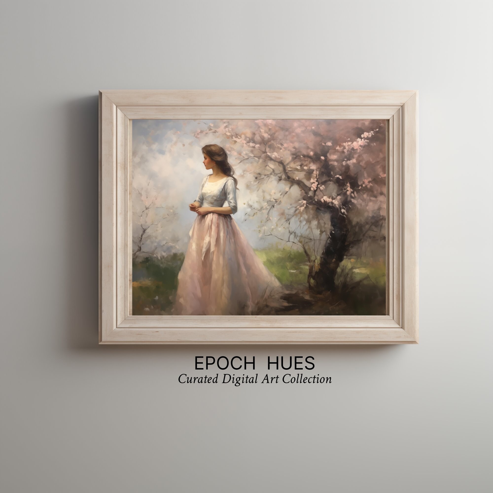 Vintage-style Digital Art of Woman in Blossom Garden