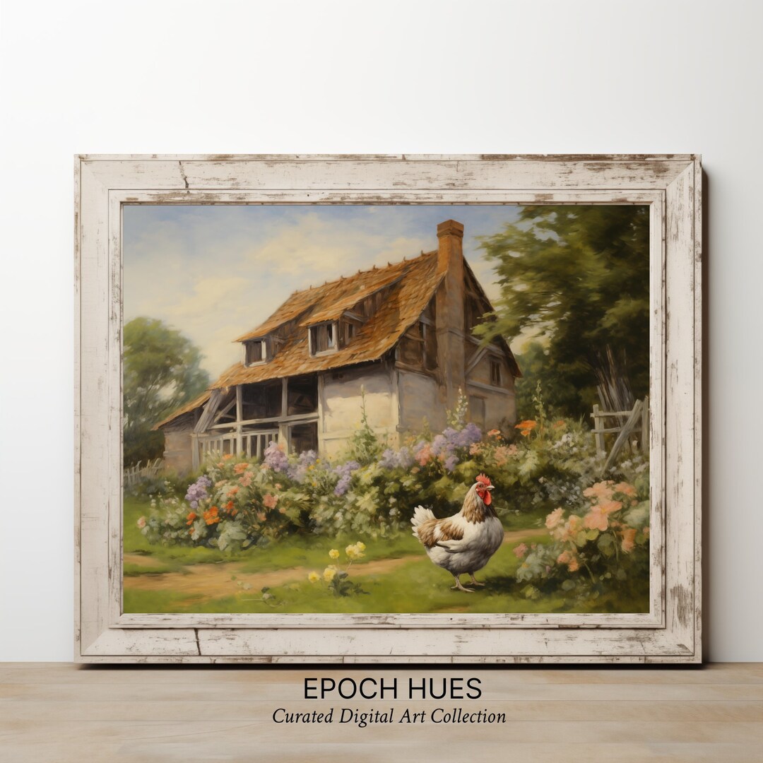 Rustic Cottage and Rooster Digital Painting, Country Home Wall Art