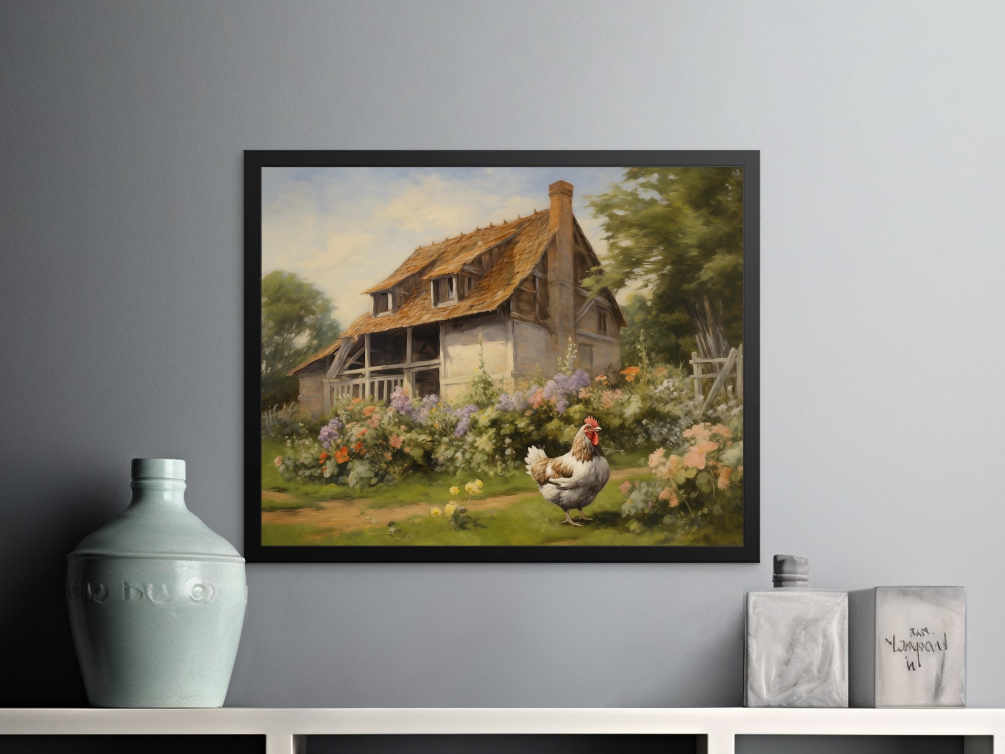 Rustic Cottage and Rooster Digital Painting, Country Home Wall Art