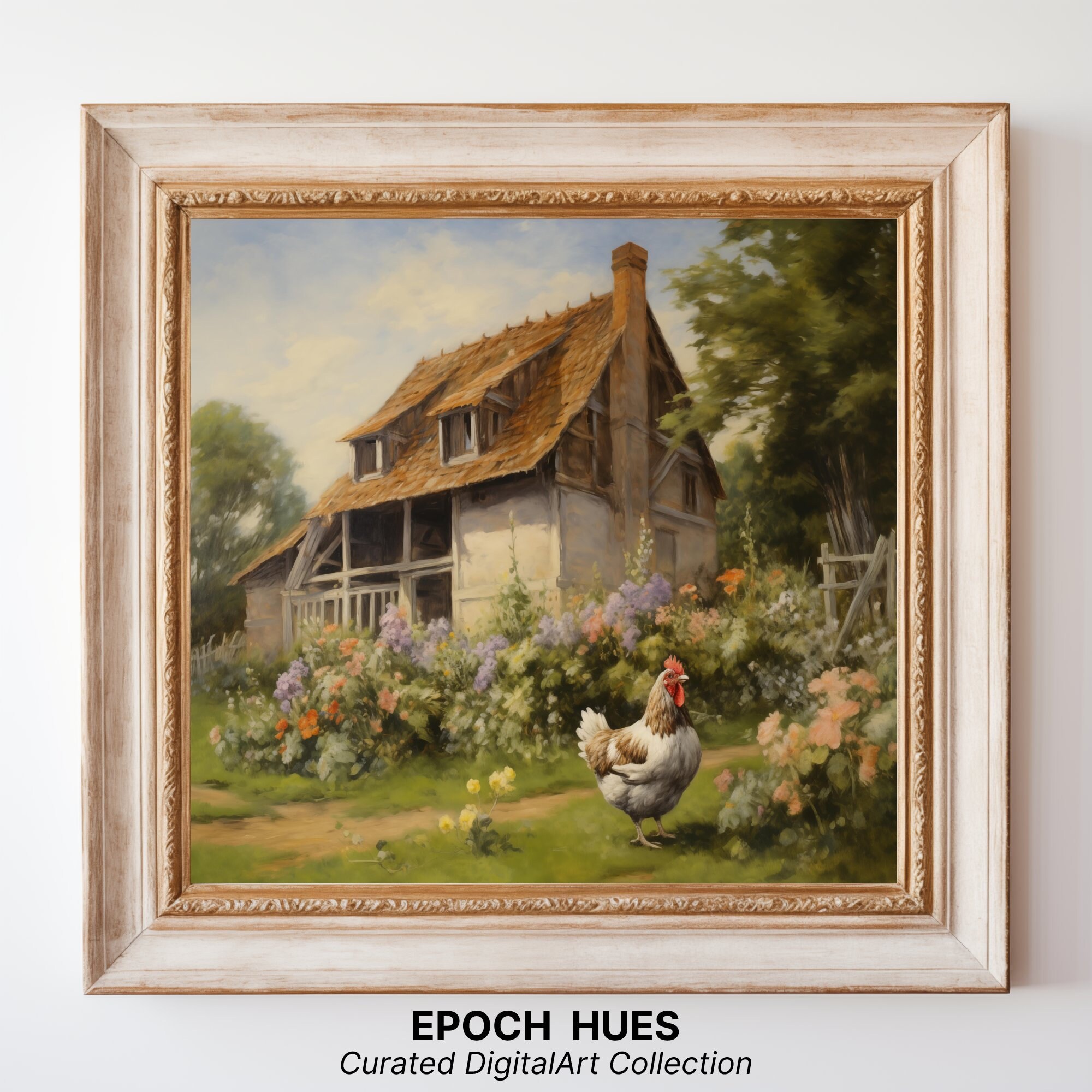 Rustic Cottage and Rooster Digital Painting, Country Home Wall Art