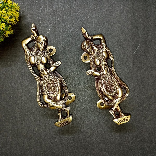 Kathak Dancing Woman Shape Door Handle Pair | Brass Classical Lady Theme Entry Door Pull Set | House Warming Decoration