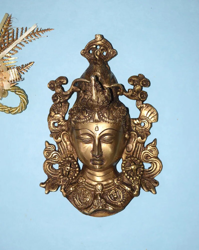 8'' Inches Gauri Face Design Wall Mount Decor Brass Crowned Tara ...
