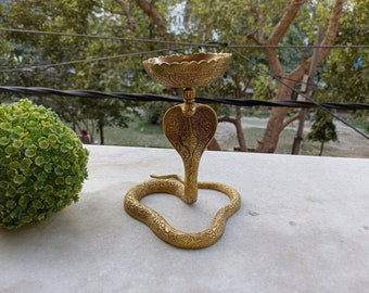 Python Snake Idol Oil Diya Table Decor | Brass Reptile Animal Theme Oil Lamp Sculpture | Housewarming Tabletop Showpiece