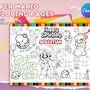 Editable super Mario Party Placemat | Printable Birthday Coloring Page Mat Template | Personalized Party Favor | maze- kid’s activity page