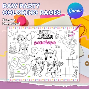 Bewerkbare pootfeest-placemat | Afdrukbare matsjabloon verjaardag kleurplaat | Gepersonaliseerde feestbedankje | Doolhof: activiteitenpagina voor kinderen