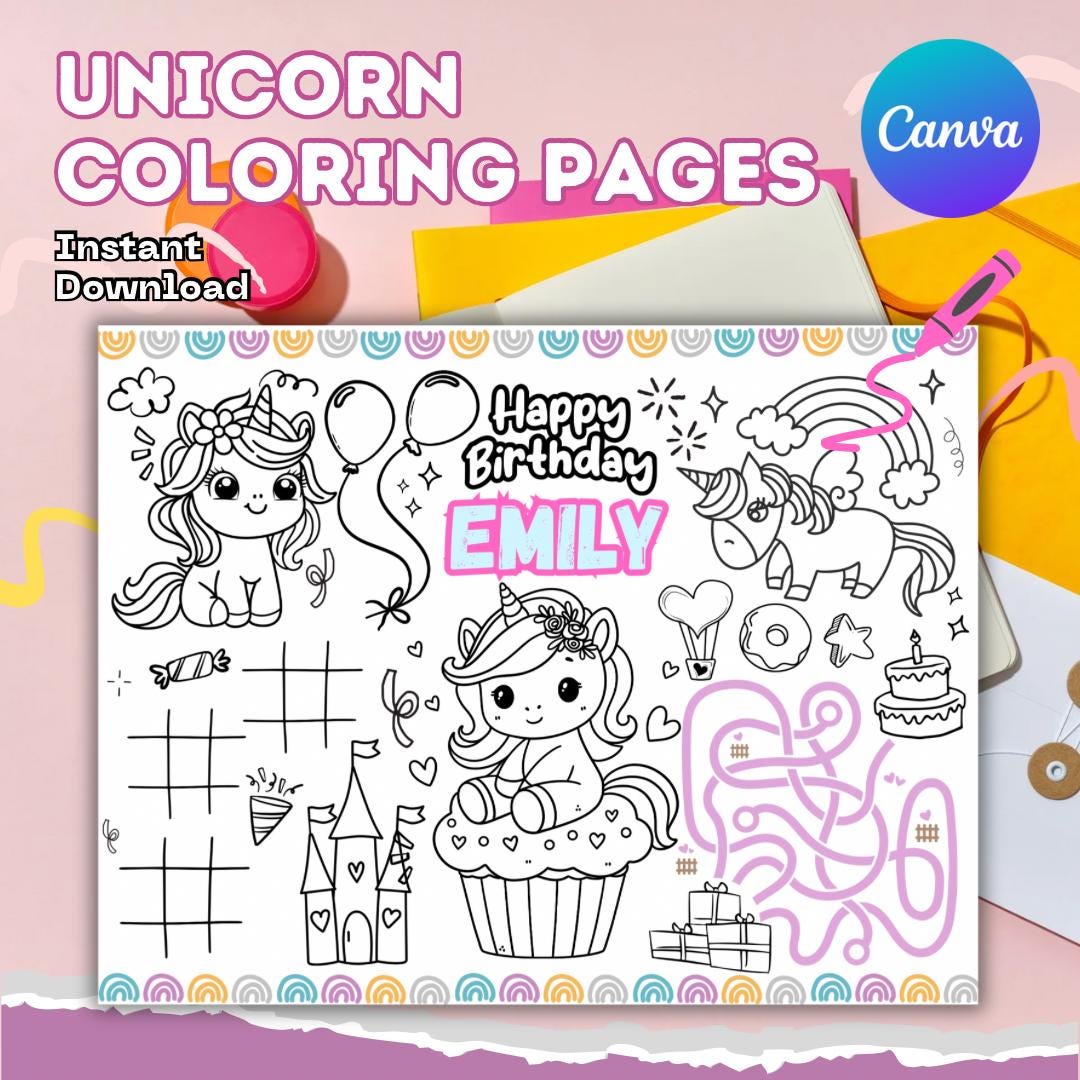 Editable Unicorn Party Placemat | Printable Birthday Coloring Page Mat ...