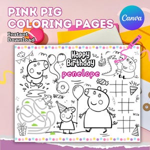 Editable Pink Pig Birthday Placemat: Coloring Page Activity (Digital Download)