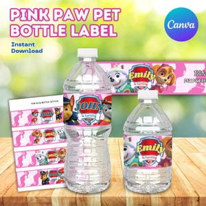 Editable pink paw and friends water bottle label | Personalized Printable for Kids | Instant Canva | party favors