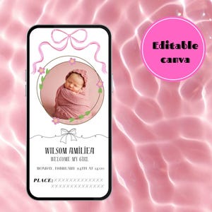 Mädchen Baby Geburtstag Digitale Einladung, personalisierte Foto Baby einladen, Pink Bow Ribbon Themed Online Party Card, bearbeitbare Willkommens-Babyparty