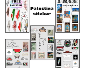 May include: A set of stickers featuring various designs related to Palestine. The stickers include the Palestinian flag, the Dome of the Rock, and the words "Free Palestine".